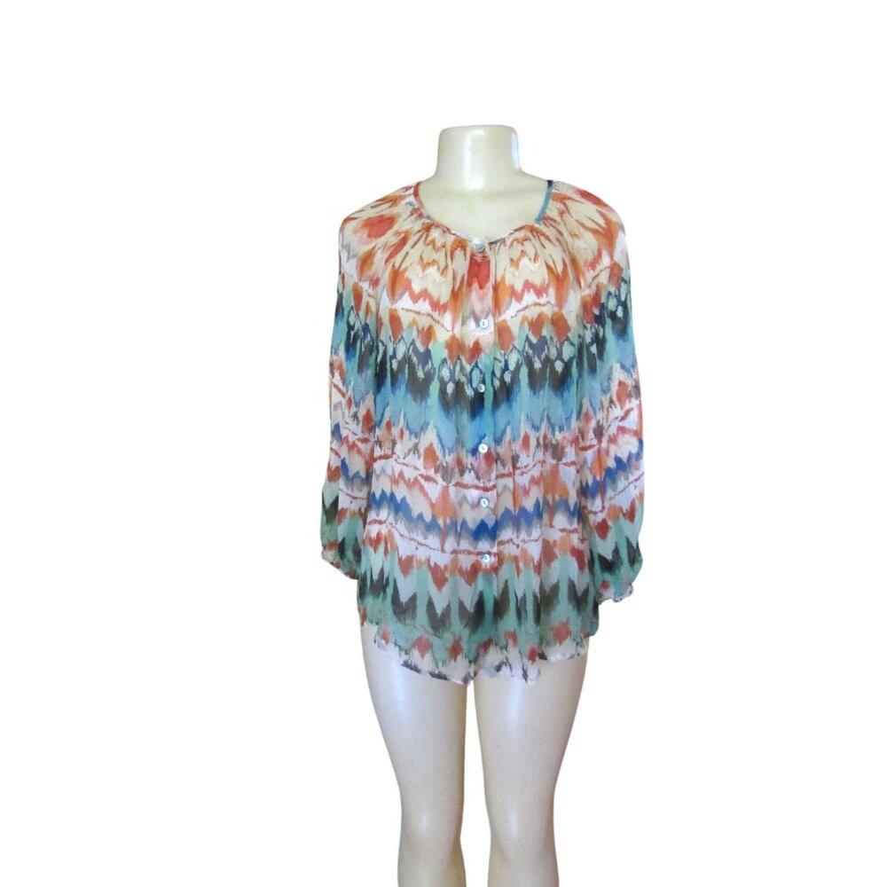 Sundance 100% Silk Green/Orange Blouse With Buttons Size L